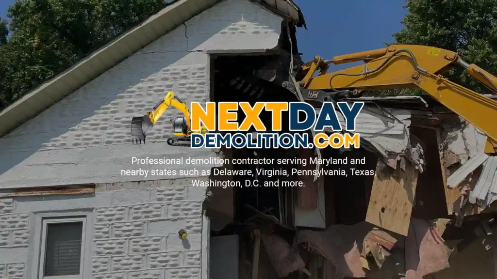 Demolition Company and Contractor in %customfield(geo-page-location)%, %customfield(town_state_abbreviation)%%customfield(state_abbreviation)% Demolition Contractor (Next Day Demolition) tearing down a house in Oxford, Maryland.
