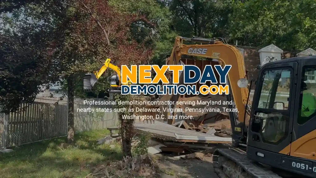 Demolition Company and Contractor in %customfield(geo-page-location)%, %customfield(town_state_abbreviation)%%customfield(state_abbreviation)% Next Day Demolition Company tearing down a house demolition in Pikesville, Maryland.