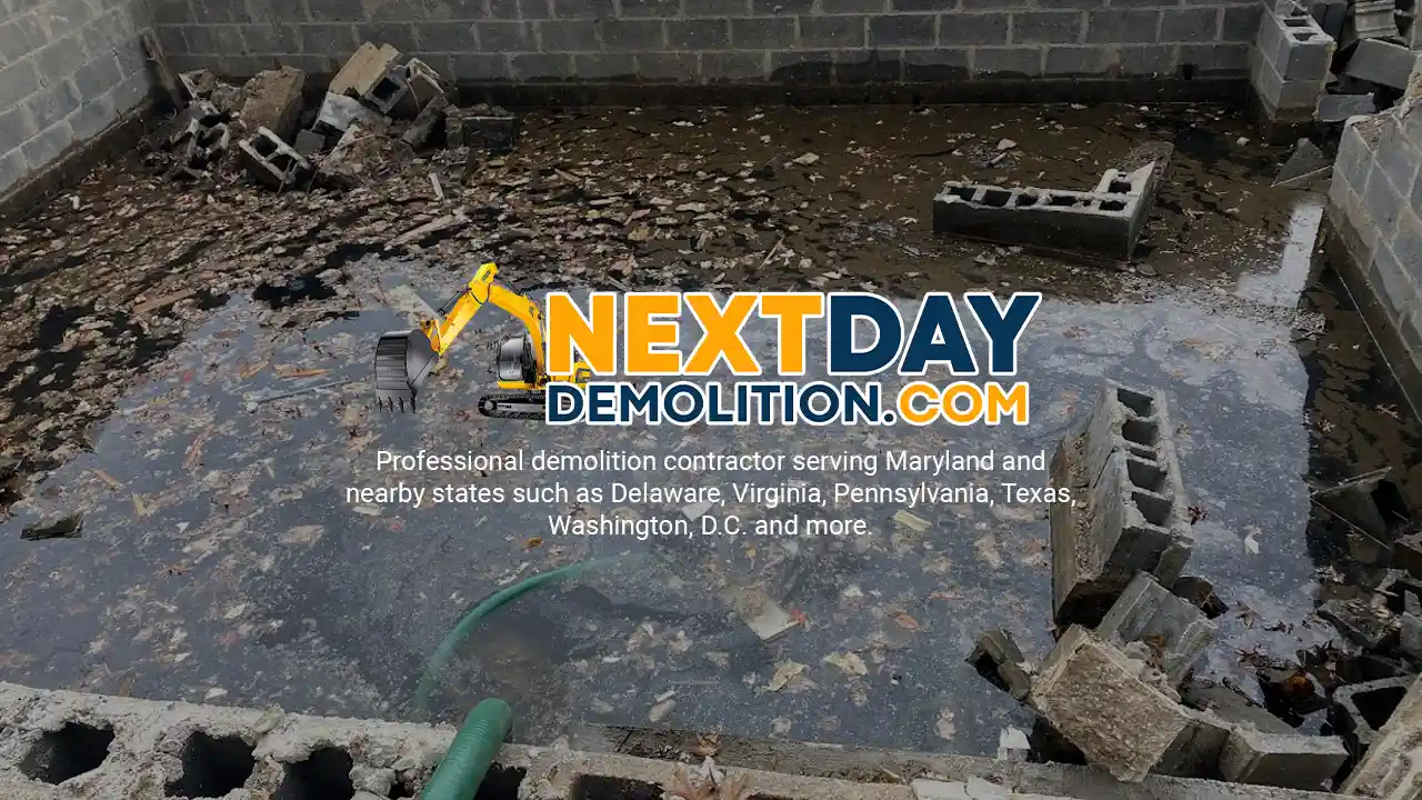 Draining water from an abandoned foundation of church before proceeding in demolition in Smithsburg, Maryland